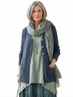 Habitat Clothes To Live In Blue Textured Patchwork Knitted Button Front Cardigan